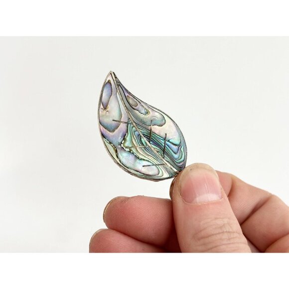 Leaf Shaped Beto of Taxco Abalone Shell Inlay Vintage Sterling Silver Brooch - Picture 2 of 10